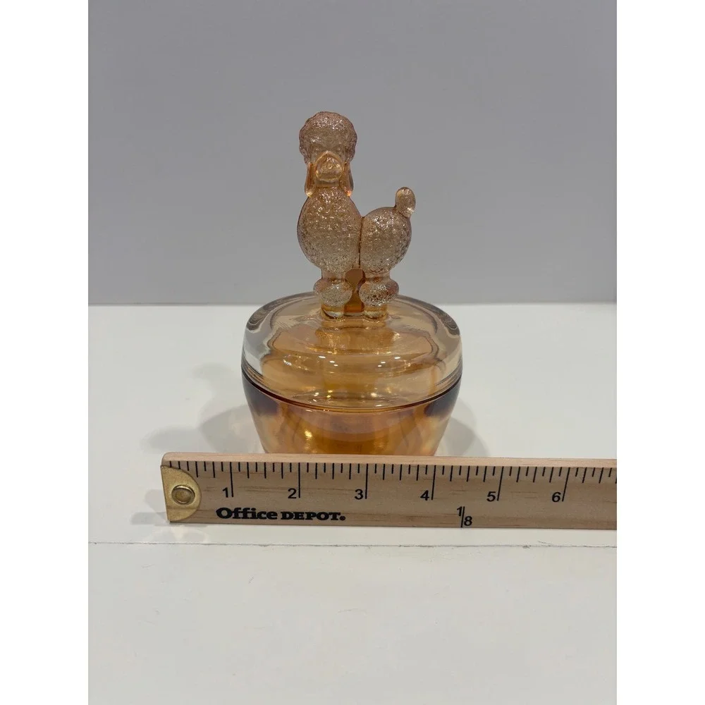 Vintage Marigold Carnival Glass Poodle Powder Jar Trinket Dish Amber Iridescent